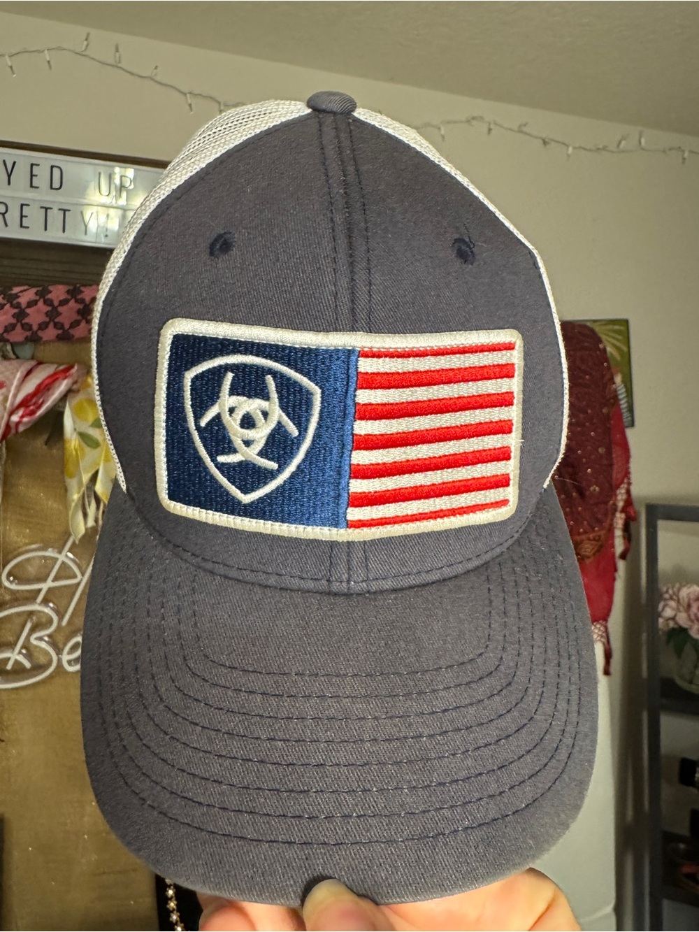 Ariat Gray and White Trucker Hat with Flag Patch